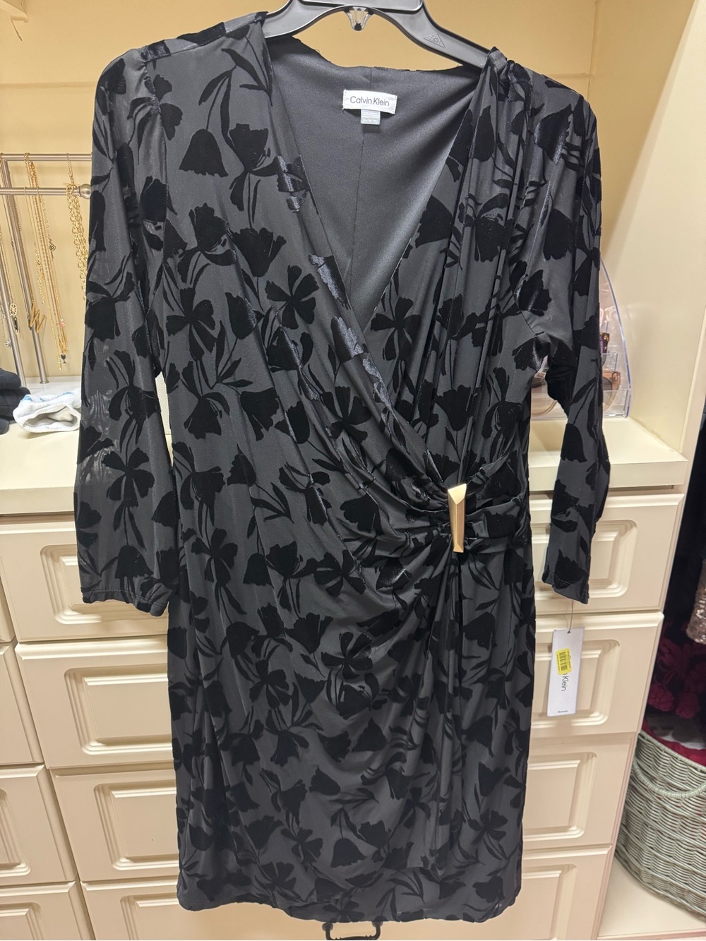 Calvin Klein Black Floral Velvet-Print Wrap Midi Dress